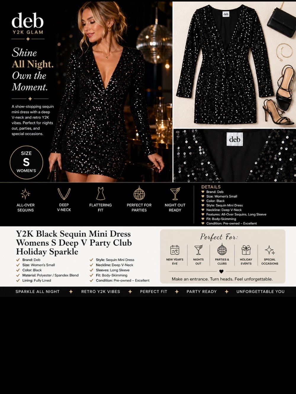 Y2K Deb Womens Black Dress Sequin deep V-neck Retro Whimsigoth Morquette Size S